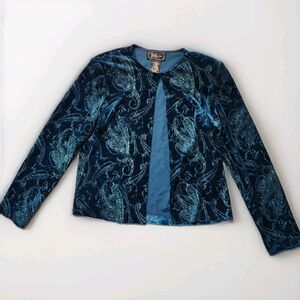 R&K Evening Teal Velour Jacket Glitter Paisley Stretch Hook Eye Sz 8 EUC